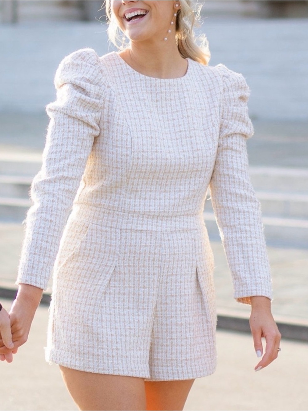 Cream Beige Tweed Puff-Sleeve Romper